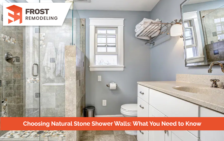 Natural stone shower walls featuring a combination of marble and granite in a modern bathroom setting.