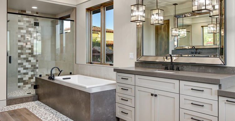 Luxurious modern bathroom with a walk-in shower, bathtub, and premium fixtures