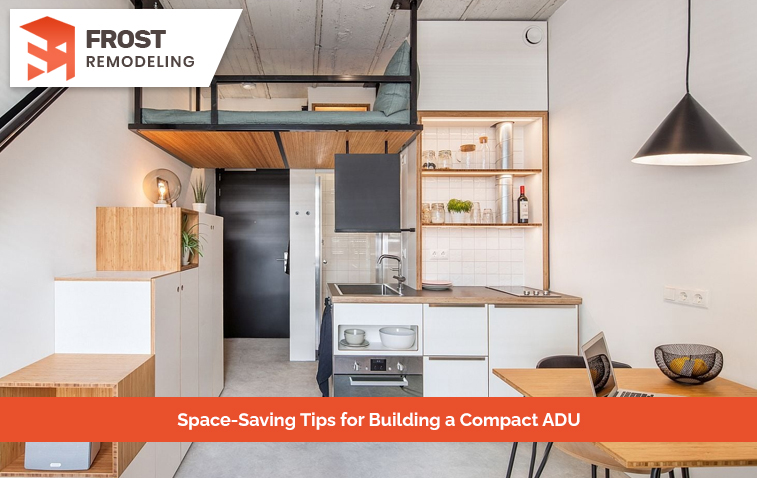 Compact interior with lofted bed, open shelves, and space-saving storage solutions in an ADU