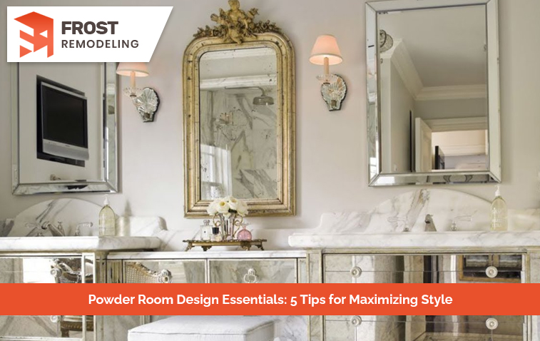 Elegant powder room featuring a stylish mirror, sleek fittings, and smart storage.